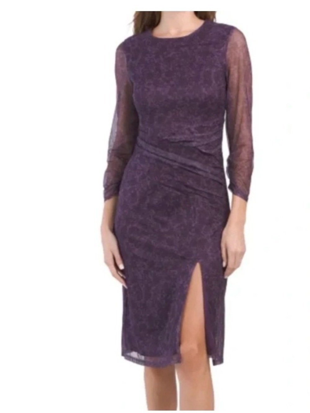 Laundry by Shelli Segal Elegant Purple Mesh Sheath Dress with Side Slit